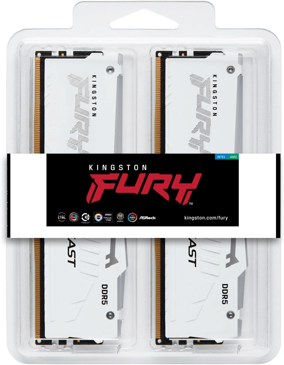 Kingston Kingston FURY Beast RGB 64GB (2x 32GB) DDR5 Desktop Memory, 6400 MHz Memory Speed, CL32 CAS Latency, 288-Pin Kit, Intel XMP 3.0 & AMD EXPO, White | KF564C32BWEAK2-64 - product view 2 of 2