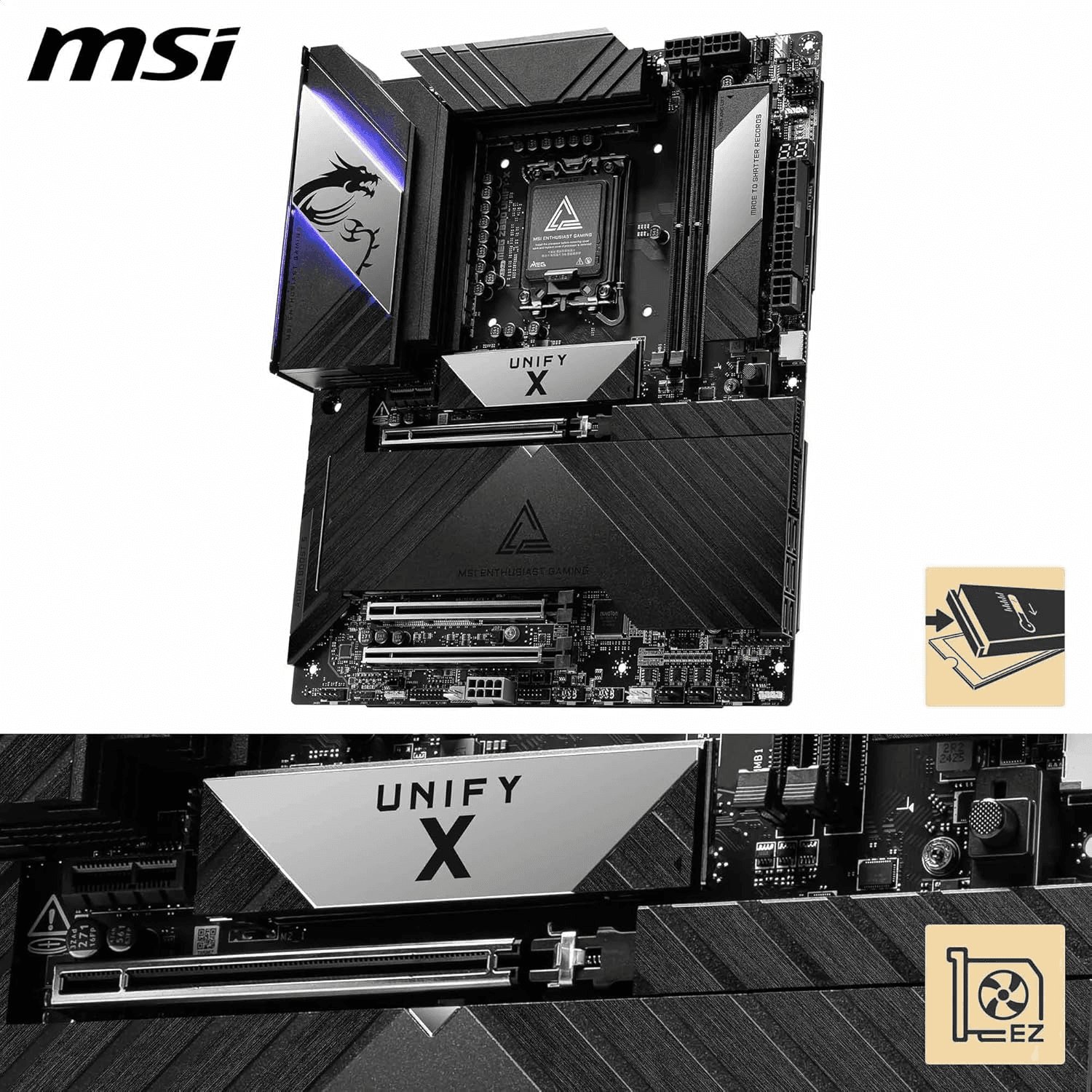 MSI MSI MEG Z890 Unify-X LGA 1851 ATX Motherboard, Intel Z890 Chipset, 2x DDR5 UDIMM Slots, Up to 128GB Max Memory, 3x PCIe x16 Slots, 6x M.2 Slots, WiFi & BT Connectivity | 911-7E20-001 - product view 3 of 7