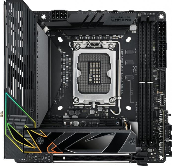 Asus ASUS ROG STRIX Z790-I GAMING WIFI  Intel Z790 LGA 1700 Mini-ITX Motherboard , 10 + 1 power stages, DDR5, 2X M.2 slots, PCI 5.0 NVMe SSD slot, PCIe 5.0 x16 SafeSlot |  90MB1CM0-M0EAY0 - product view 2 of 5
