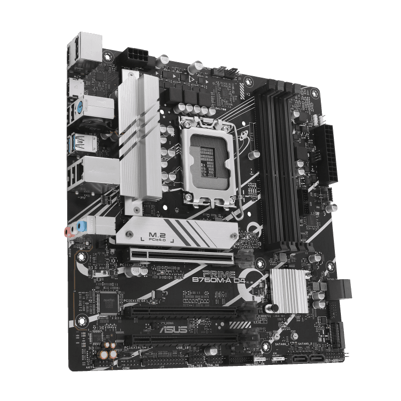 Asus ASUS PRIME B760M-A D4-CSM Intel B760 (LGA 1700) mATX motherboard, PCIe 4.0, two M.2 slots, Realtek 2.5Gb Ethernet, DisplayPort, Dual HDMI, SATA 6 Gbps, rear USB 3.2 Gen 2, front USB 3.2 Gen 1 Type-C, Aura Sync | 90MB1D00-M0EAYC - product view 2 of 6
