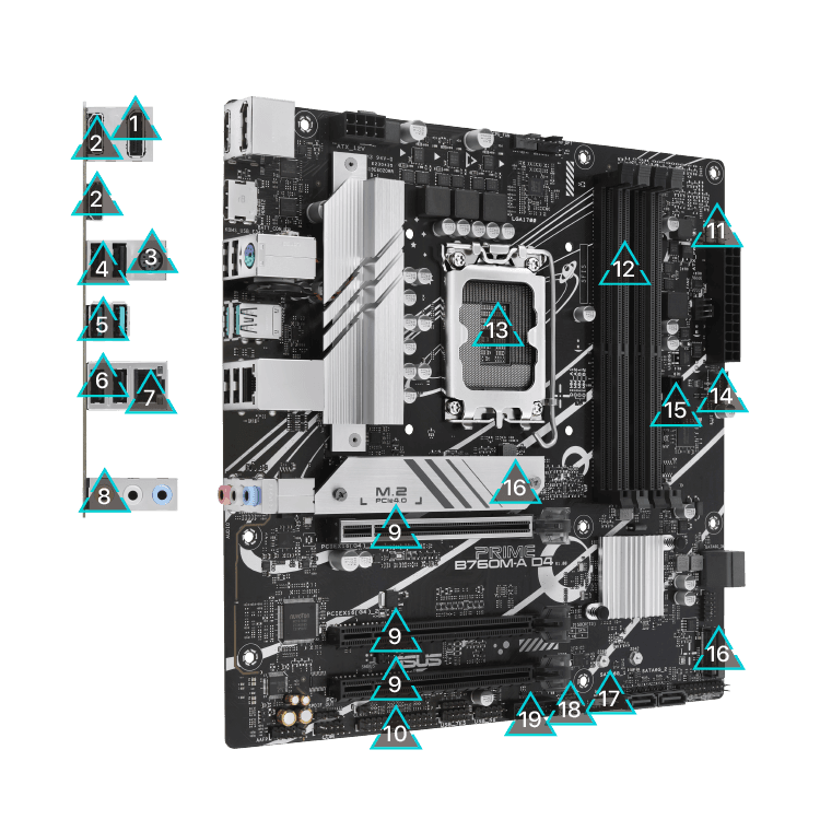Asus ASUS PRIME B760M-A D4-CSM Intel B760 (LGA 1700) mATX motherboard, PCIe 4.0, two M.2 slots, Realtek 2.5Gb Ethernet, DisplayPort, Dual HDMI, SATA 6 Gbps, rear USB 3.2 Gen 2, front USB 3.2 Gen 1 Type-C, Aura Sync | 90MB1D00-M0EAYC - product view 3 of 6
