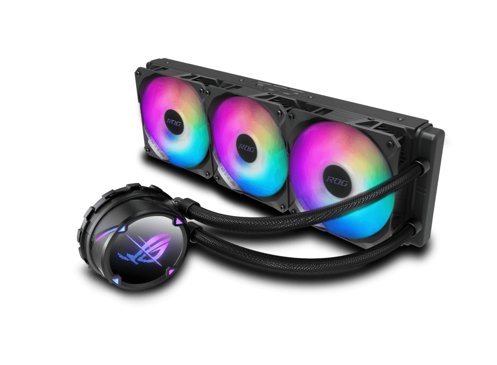 Asus ROG Strix LC II 360 ARGB all-in-one liquid CPU cooler with Aura Sync and three ROG 120 mm addressable RGB radiator fans, Seventh Gen Asetek pump, NCVM-coated pump, Reinforced, sleeved tubing | 90RC00F2-M0UAY2 - product view 1 of 4