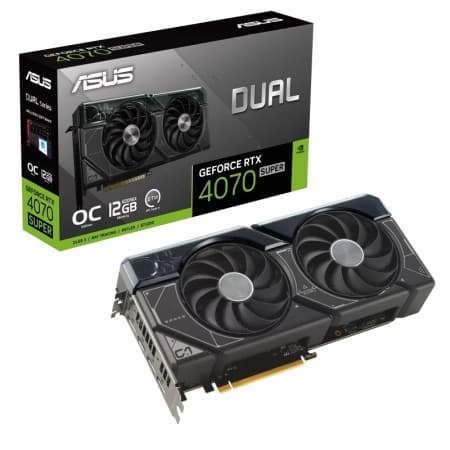 Asus Asus Dual GeForce RTX 4070 SUPER OC Graphics Card, 12GB GDDR6X 192-Bit Memory, 2550 MHz OC Boost Clock, 21 Gbps Memory Speed, 7168 CUDA Cores, PCI Express 4.0 | 90YV0K82-M0NA00 - product view 2 of 6