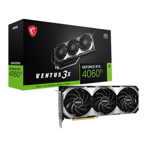 MSI MSI GeForce RTX 4060 Ti VENTUS 3X OC Graphics Card, 16GB GDDR6 128-bit Memory, 2610 MHz Boost Clock, 18 Gbps Memory Speed, 4352 CUDA Cores, PCI E Gen 4 x16, DisplayPort / HDMI | 912-V517-004 - product view 3 of 5