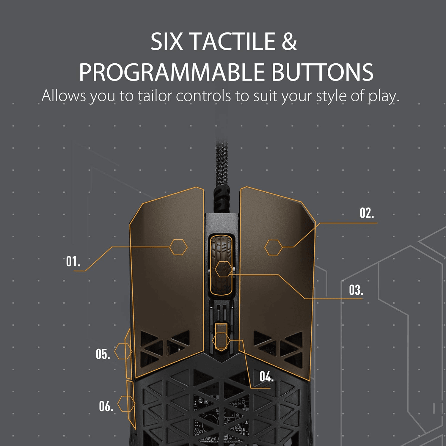 Asus ASUS TUF Gaming M4 Air Ultralight Wired Gaming Mouse, Air Shell Design, 16,000 DPI Sensor, IPX6 Water Resistance, 6 Programmable Buttons, Antibacterial Guard – Black | 90MP02K0-BMUA00 - product view 3 of 7