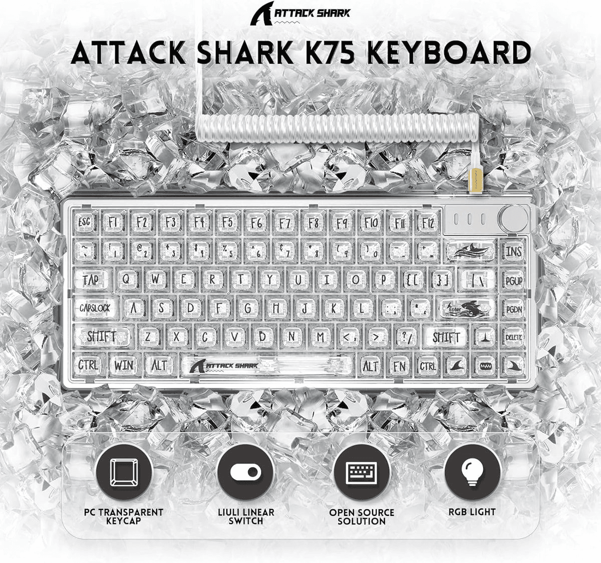 ATTACK SHARK ATTACK SHARK K75 Transparent Mechanical Keyboard, Wired, TKL Gasket Mount, QMK/VIA Support, & Custom Coiled Cable, White | K75 - product view 2 of 8