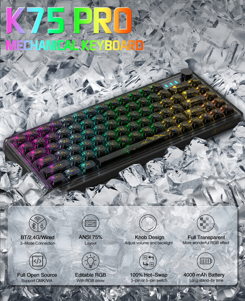 ATTACK SHARK ATTACK SHARK K75 Pro Transparent Mechanical Keyboard ,75% TKL Gasket Mount, Tri-Mode Wireless, & Hot-Swappable Glazed Switches, Black Transparent | K75 Pro - product view 2 of 6