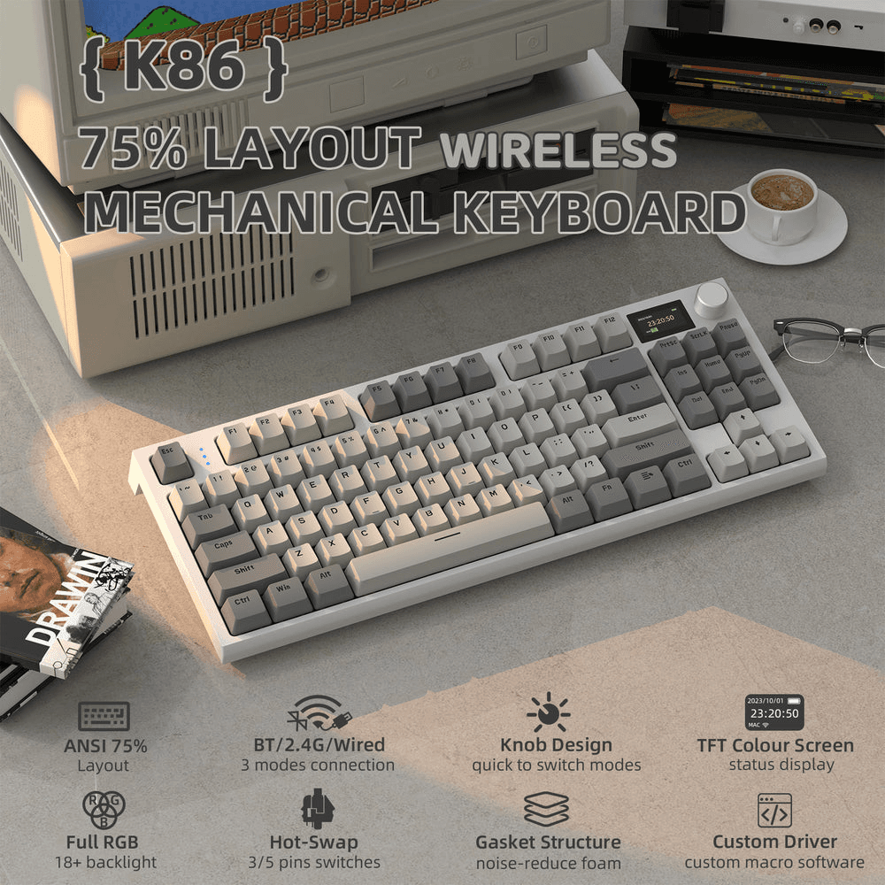 ATTACK SHARK ATTACK SHARK K86 Wireless Mechanical Keyboard, 75% Gasket Mount, TFT Color Display & Knob, Blue Whale Linear Switches, Retro Grey | K86 - product view 2 of 6