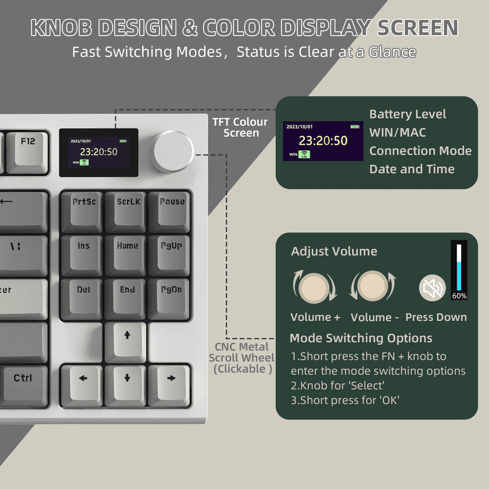ATTACK SHARK ATTACK SHARK K86 Wireless Mechanical Keyboard, 75% Gasket Mount, TFT Color Display & Knob, Blue Whale Linear Switches, Retro Grey | K86 - product view 3 of 6