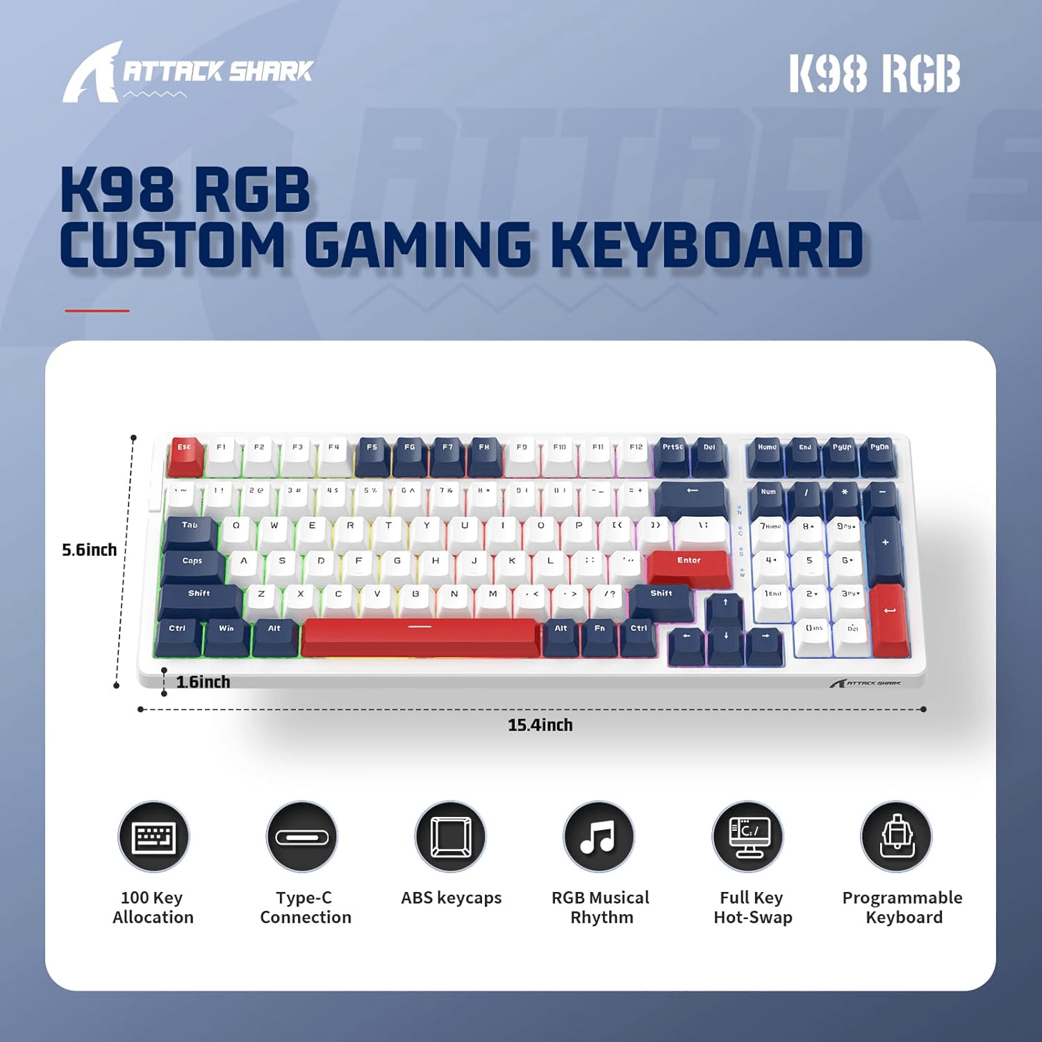 ATTACK SHARK ATTACK SHARK K98 Wireless Mechanical Gaming Keyboard, 100-Key Hot-Swap, Tri-Mode Connectivity, Red Switches, & White Cloud Wrist Rest, Blue-White Edition | K98 - product view 3 of 4