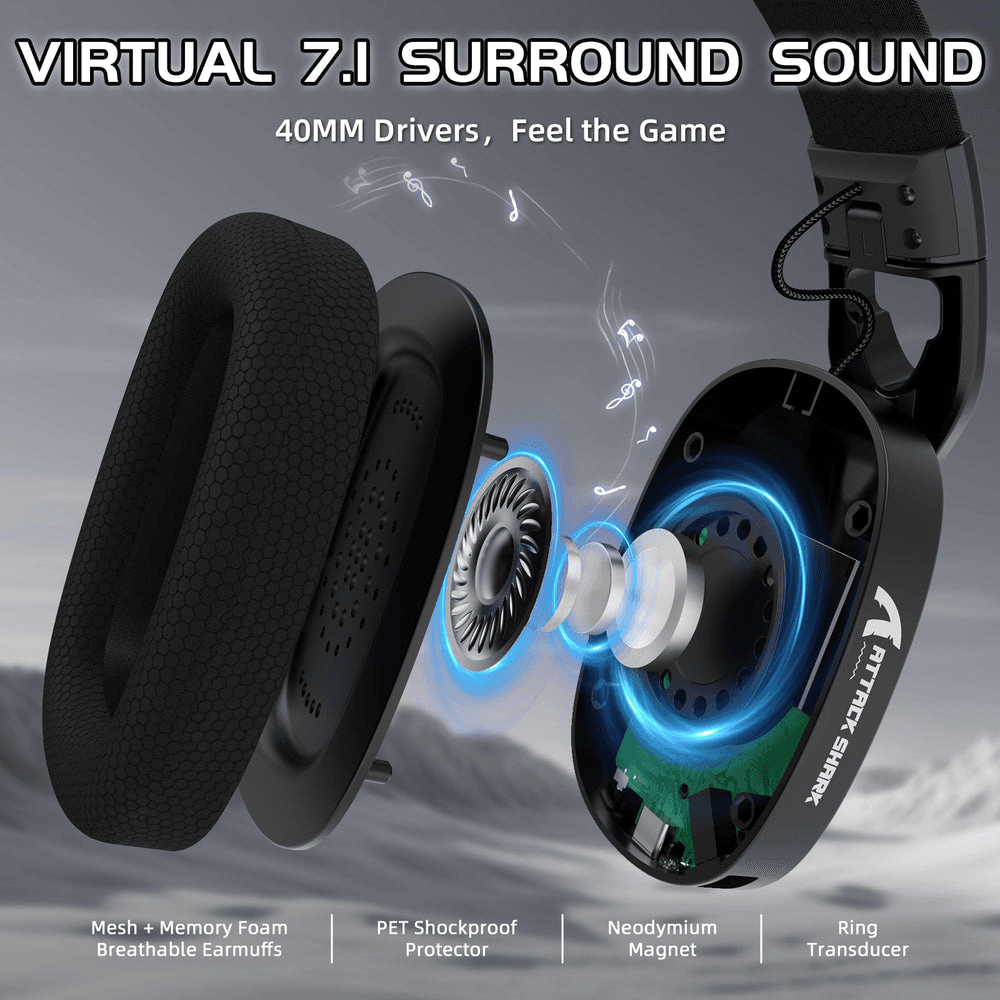 ATTACK SHARK ATTACK SHARK L90 Foldable Wireless Gaming Headset, Dynamic 7.1 Surround Sound, RGB Lighting, 800mAh Battery, & Tri-Mode Connectivity, Black | L90 Foldable - product view 3 of 7