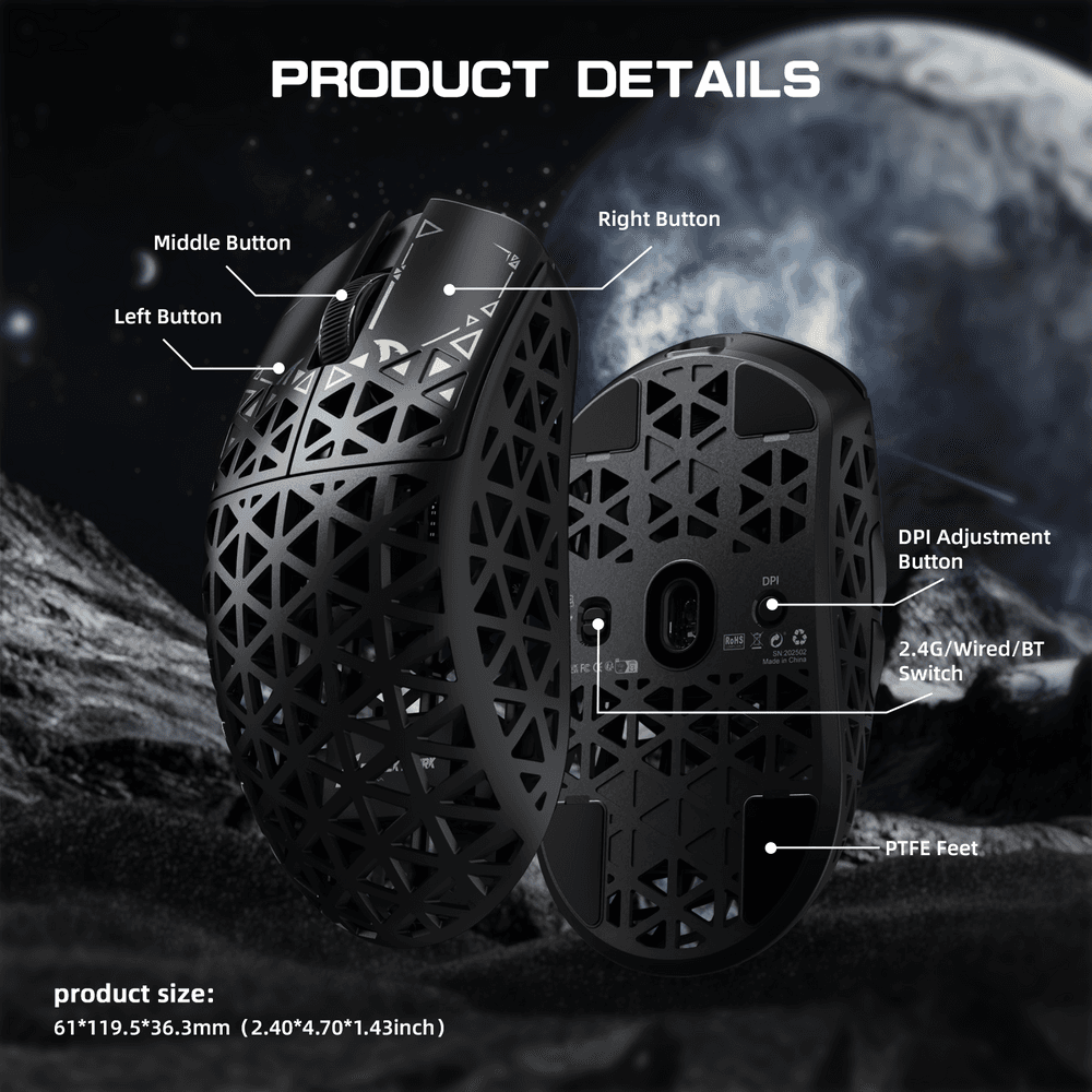ATTACK SHARK ATTACK SHARK R5 Ultra Carbon Fiber Wireless Gaming Mouse, 39g World-Class Superlight, 8K Polling, 42,000 DPI PAW3950MAX Sensor, Black | R5 Ultra - product view 3 of 4