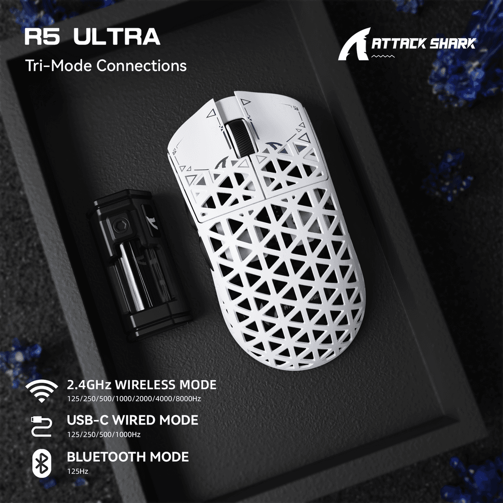 ATTACK SHARK ATTACK SHARK R5 Ultra Carbon Fiber Wireless Gaming Mouse, 39g World-Class Superlight, 8K Polling, 42,000 DPI PAW3950MAX Sensor, White | R5 Ultra - product view 3 of 6