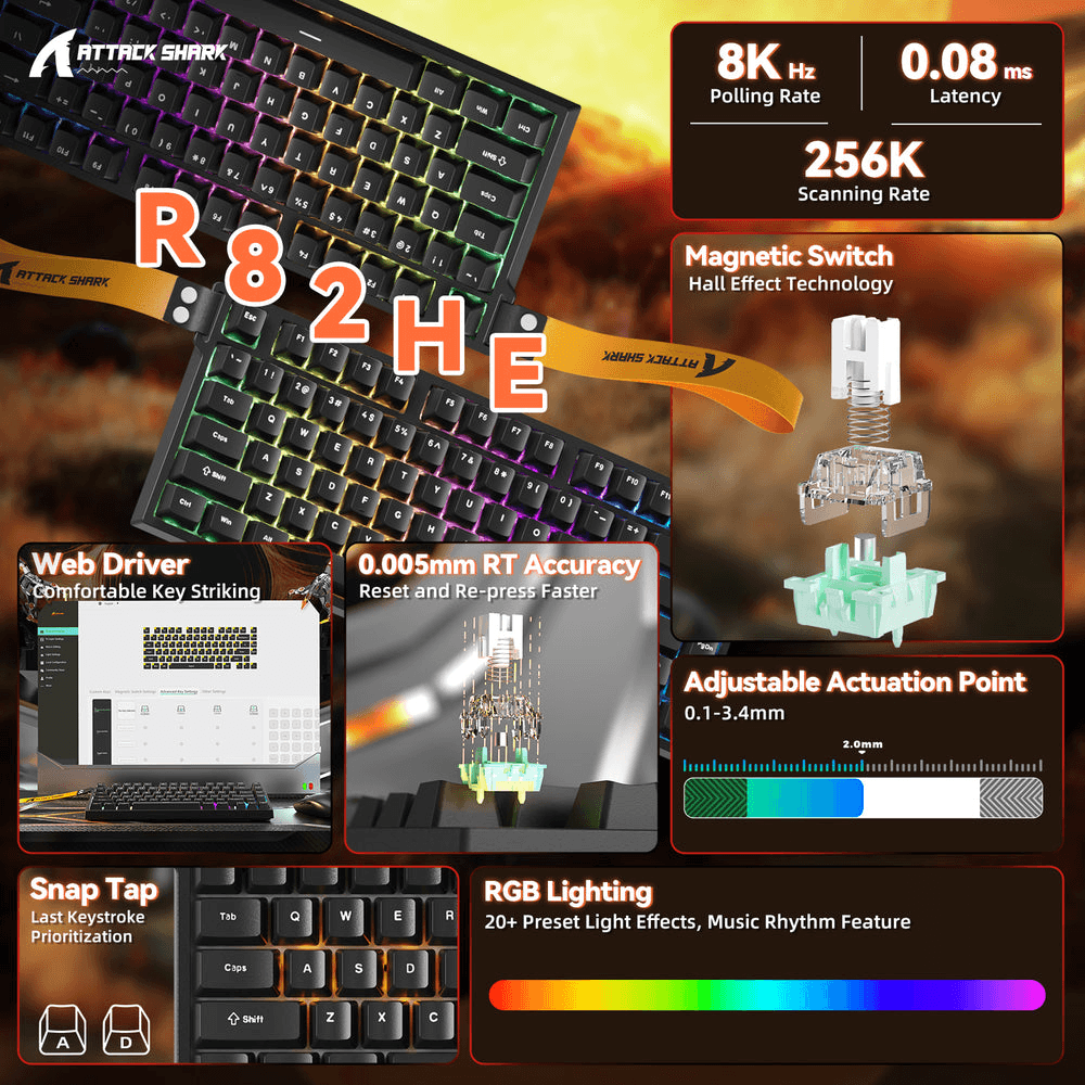 ATTACK SHARK ATTACK SHARK R82 HE Magnetic Switch Gaming Keyboard, 75% Wired, 8KHz Polling, 0.005mm Rapid Trigger Accuracy, & Snap Tap Support, Black | R82 HE - product view 2 of 7