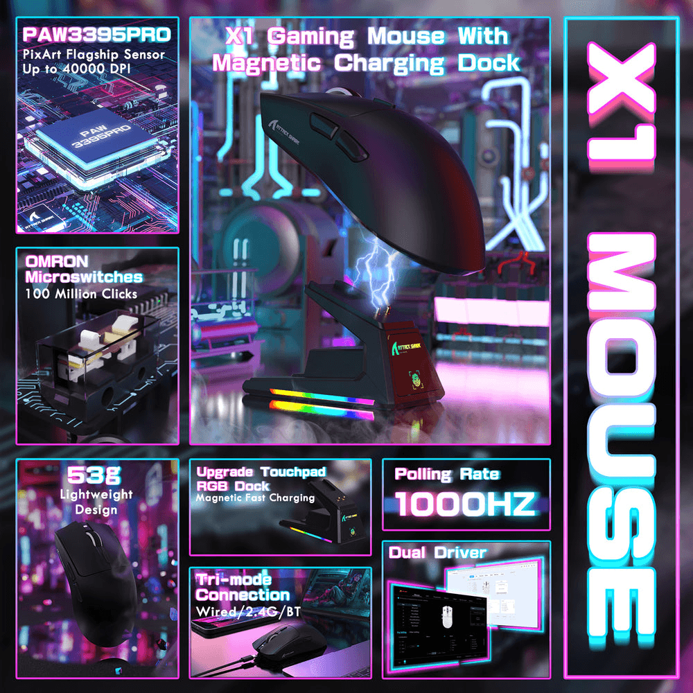 ATTACK SHARK ATTACK SHARK X1 Wireless Gaming Mouse with Touchpad RGB Charging Dock, 53g Ultra-Light, 40K DPI PAW3395PRO Sensor, & 100M Omron Switches, Black | X1 - product view 3 of 7