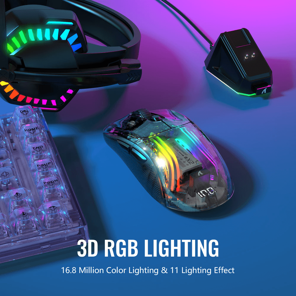 ATTACK SHARK ATTACK SHARK X2 Pro Wireless Gaming Mouse with Charging Dock, Transparent Shell, Tri-Mode (BT/2.4G/Wired), Silent Clicks, & 3D RGB, Black | X2 PRO - product view 3 of 8