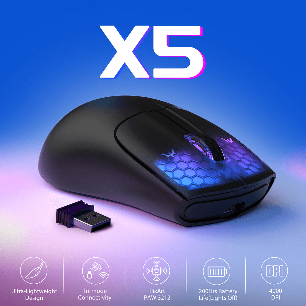 ATTACK SHARK ATTACK SHARK X5 Ultra-Lightweight Wireless Gaming Mouse, 49g Featherweight Design, Tri-Mode (BT/2.4G/Wired), RGB Accents, & Ergonomic Comfort, Black | X5 - product view 2 of 7