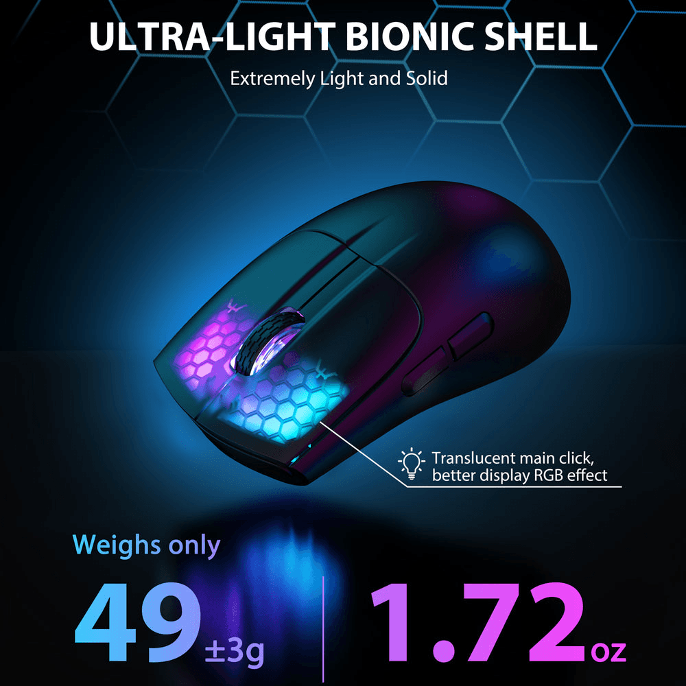 ATTACK SHARK ATTACK SHARK X5 Ultra-Lightweight Wireless Gaming Mouse, 49g Featherweight Design, Tri-Mode (BT/2.4G/Wired), RGB Accents, & Ergonomic Comfort, Black | X5 - product view 3 of 7