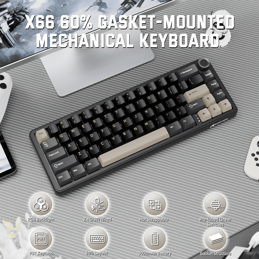 ATTACK SHARK ATTACK SHARK X66 Wireless Gasket Mechanical Keyboard, 60% Layout, Side-Printed PBT Keycaps, Pre-Lubed Strawberry Switches, & 5-Layer Sound Dampening, Starry Black | X66 - product view 2 of 7
