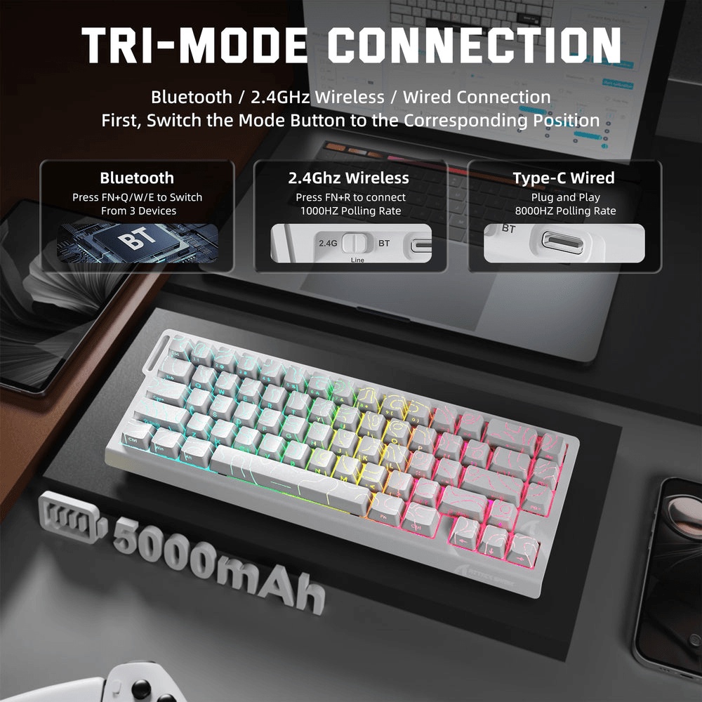 ATTACK SHARK ATTACK SHARK X68 PRO HE Wireless Magnetic Gaming Keyboard, 60% Ultra-Compact Tri-Mode, 8KHz Polling, & 0.01mm Rapid Trigger, White Contour Line | X68 PRO HE - product view 3 of 6
