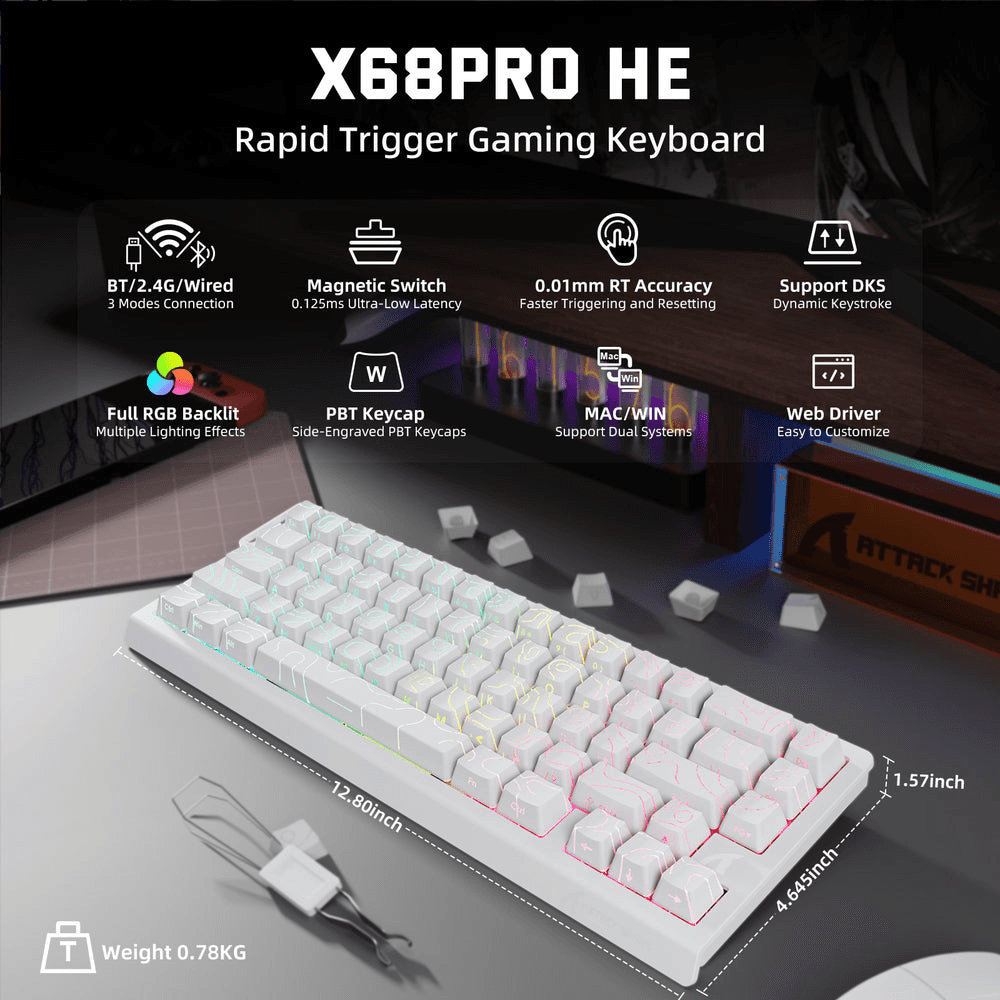 ATTACK SHARK ATTACK SHARK X68 PRO HE Wireless Magnetic Gaming Keyboard, 60% Ultra-Compact Tri-Mode, 8KHz Polling, & 0.01mm Rapid Trigger, White Contour Line | X68 PRO HE - product view 2 of 6