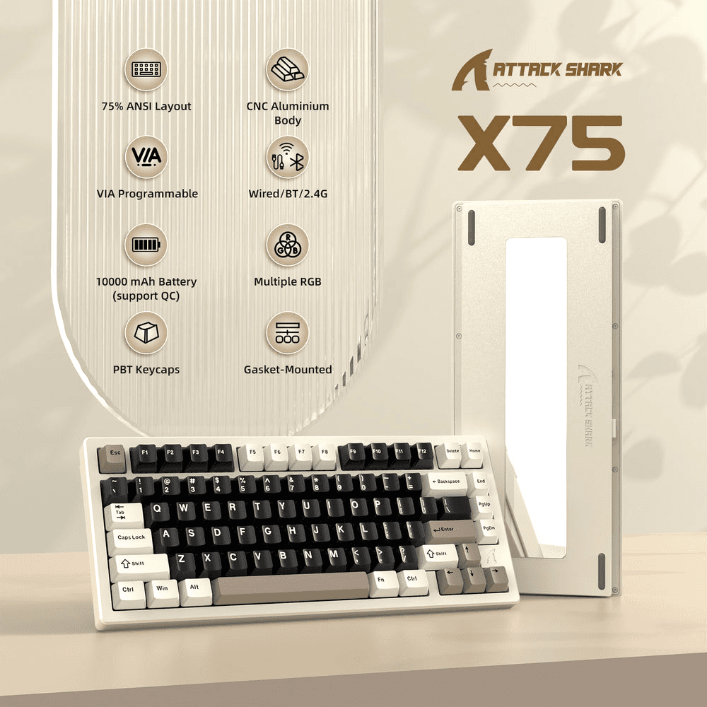ATTACK SHARK ATTACK SHARK X75 Full Aluminum Wireless Mechanical Keyboard, 75% CNC Aluminum, Kailh Cheese White Switches, & 10000mAh Battery, White | X75 - product view 2 of 6