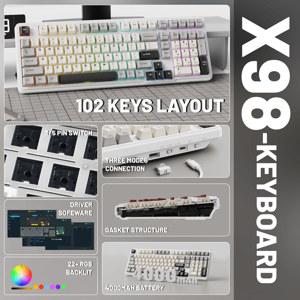 ATTACK SHARK ATTACK SHARK X98 Wireless Mechanical Keyboard – 102-Key Full-Size Layout, Gasket-Mount, Tri-mode, Pre-Lubed Strawberry Switches, White | X98 - product view 2 of 7
