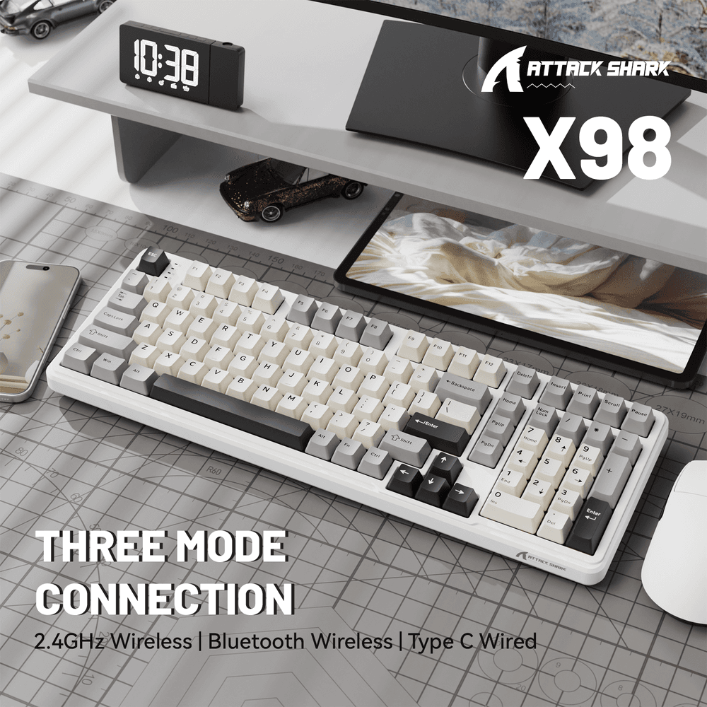 ATTACK SHARK ATTACK SHARK X98 Wireless Mechanical Keyboard – 102-Key Full-Size Layout, Gasket-Mount, Tri-mode, Pre-Lubed Strawberry Switches, White | X98 - product view 3 of 7