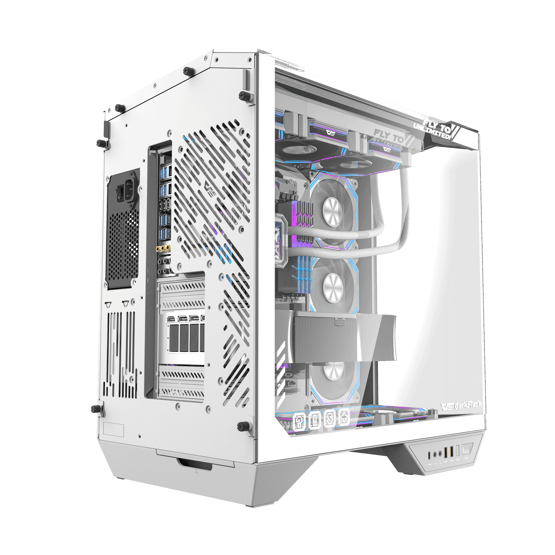Darkflash Darkflash DY470 ATX/MATX/ITX Triple Glass White Gaming PC Case with 4x 120MM ARGB Fans & GPU Holder, Triple Glass Design, Supports 360MM Radiators, USB Type-C, - product view 3 of 5