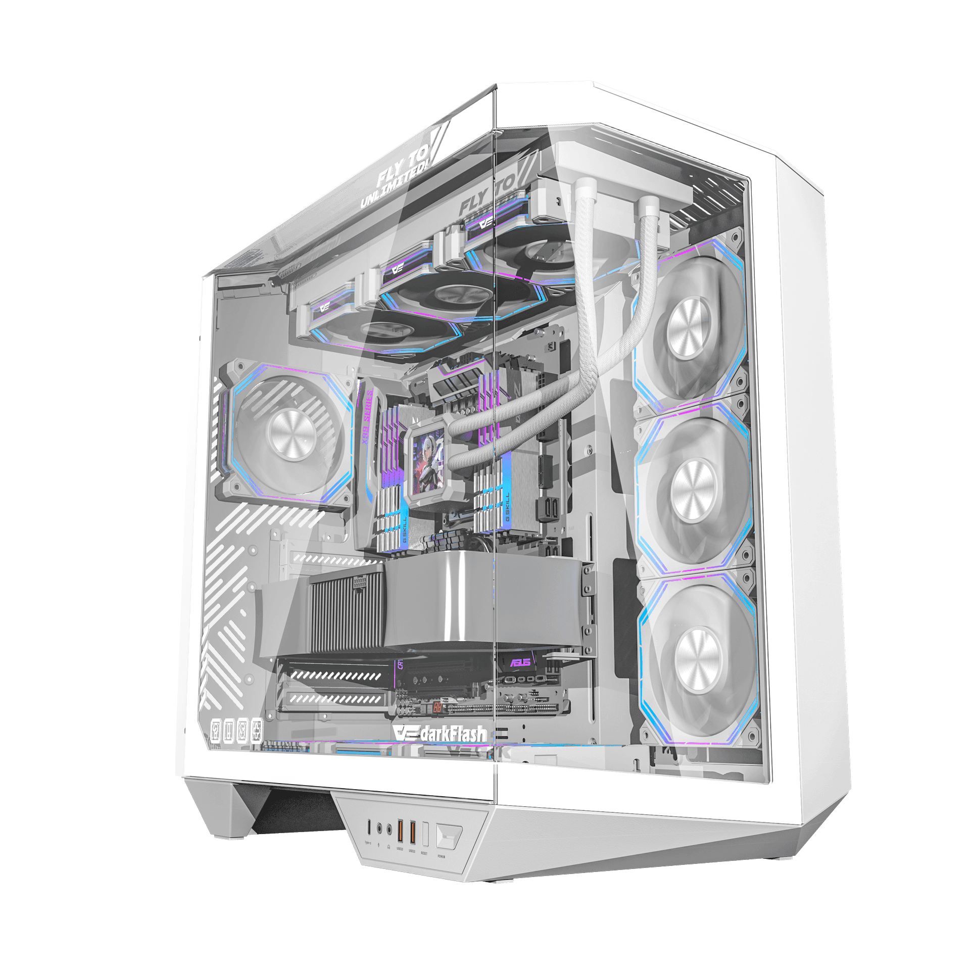 Darkflash DY470 ATX/MATX/ITX Triple Glass White Gaming PC Case with 4x 120MM ARGB Fans & GPU Holder, Triple Glass Design, Supports 360MM Radiators, USB Type-C,