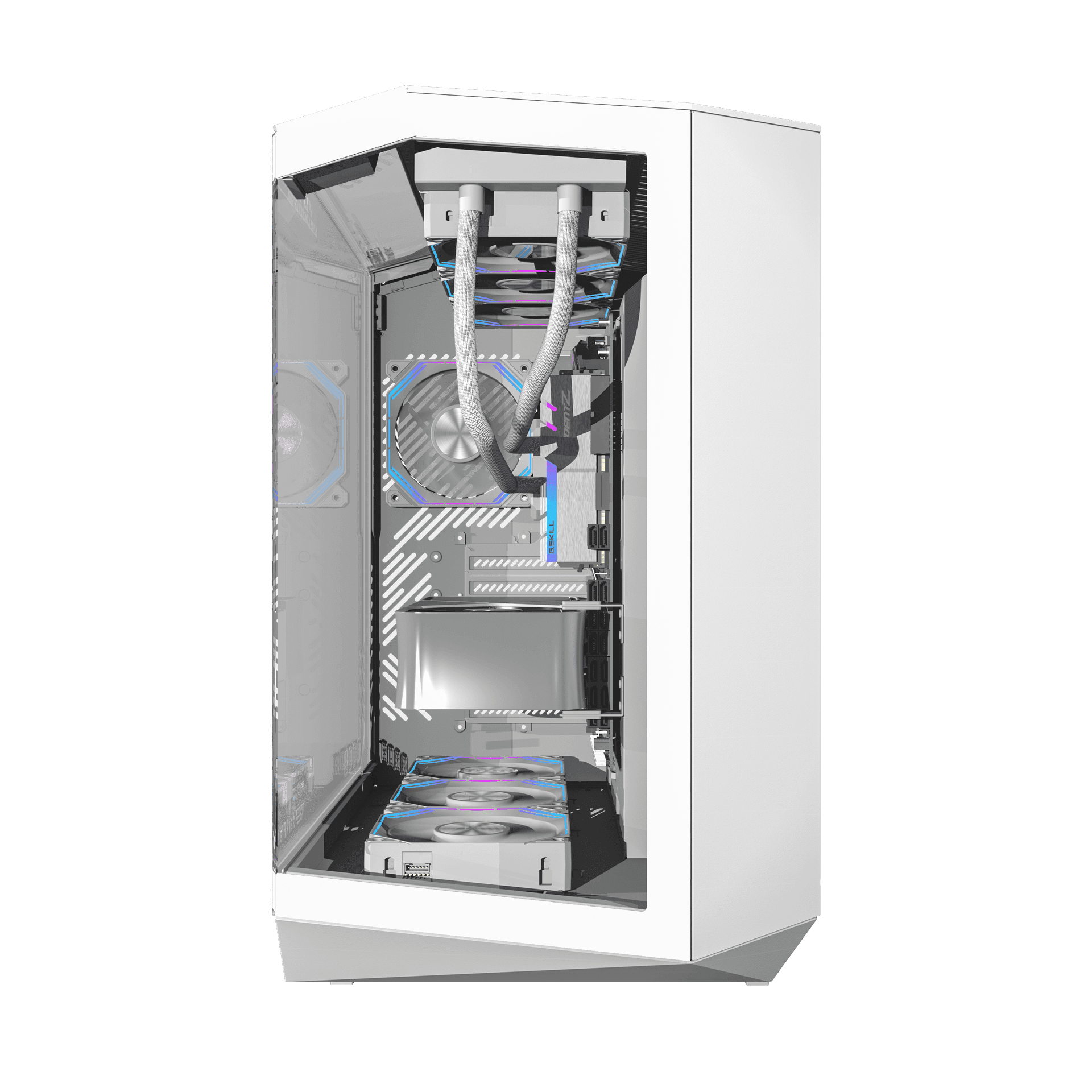 Darkflash Darkflash DY470 ATX/MATX/ITX Triple Glass White Gaming PC Case with 4x 120MM ARGB Fans & GPU Holder, Triple Glass Design, Supports 360MM Radiators, USB Type-C, - product view 2 of 5