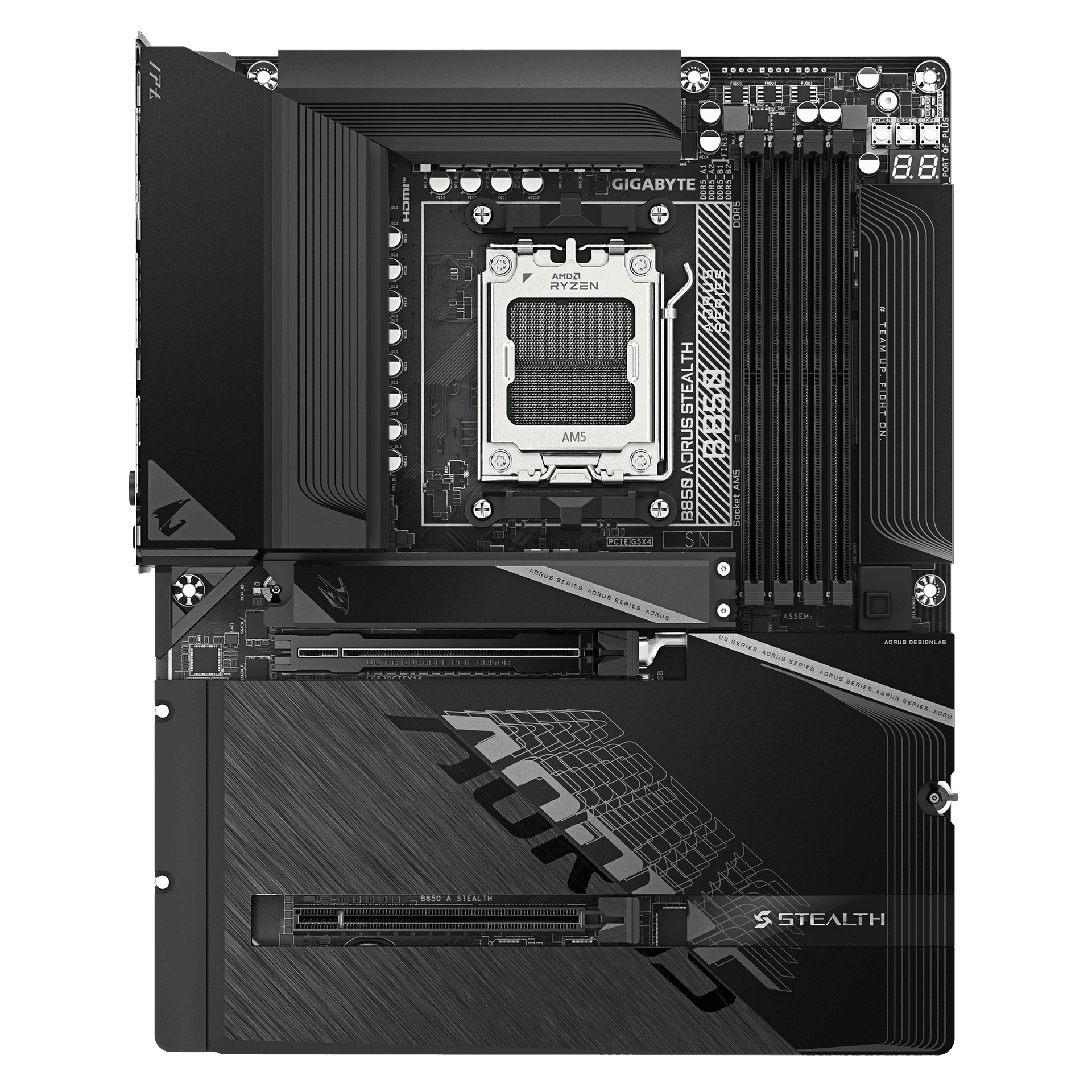 Gigabyte GIGABYTE B850 AORUS STEALTH AMD AM5 ATX Motherboard, DDR5, PCIe 5.0, Wi-Fi 7, Hidden Connector Design - product view 2 of 6