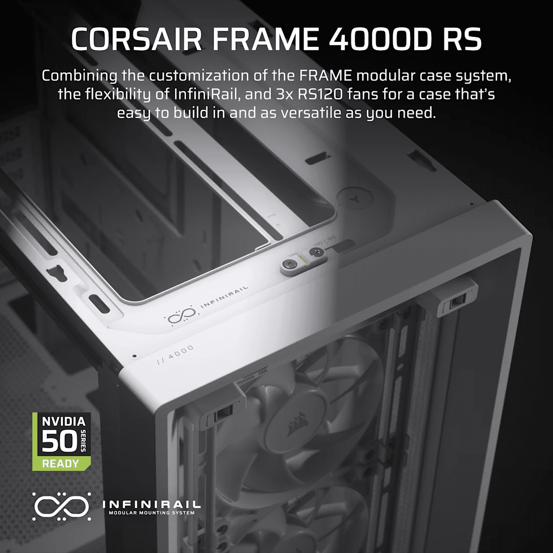 Corsair CORSAIR FRAME 4000D RS White Mid-Tower PC Case, Reverse Connector Motherboard Support, 3x RS120 Fans, 430mm GPU Space, White | CC-9011313-WW - product view 3 of 8