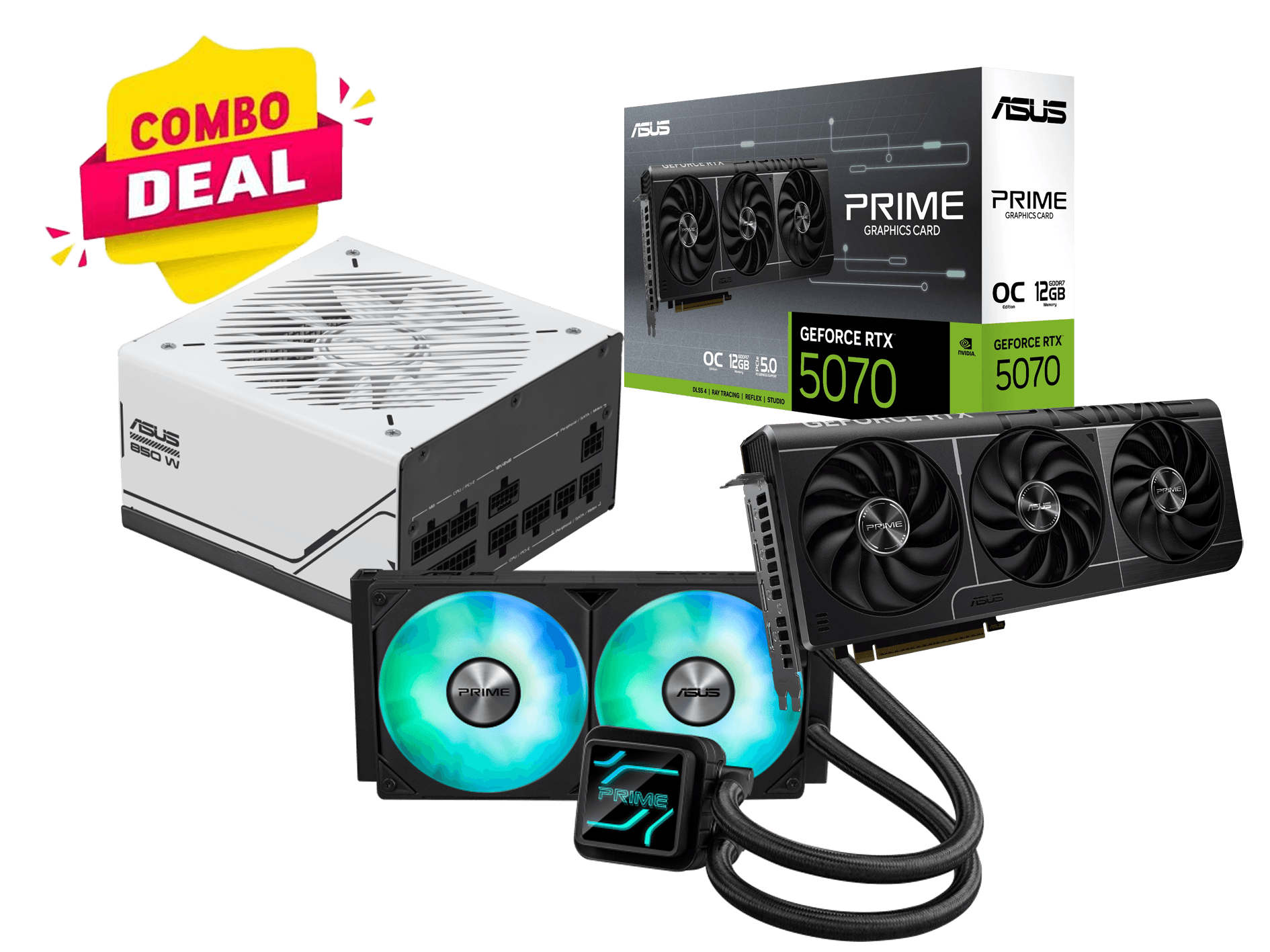 ASUS Prime RTX 5070 OC Edition 12GB GDDR7 Graphics Card, Prime LC240 ARGB AIO Liquid CPU Cooler & Prime 850W ATX 3.1 Gold PSU Ultimate 3-in-1 PC Hardware Combo Deal – Buy Online