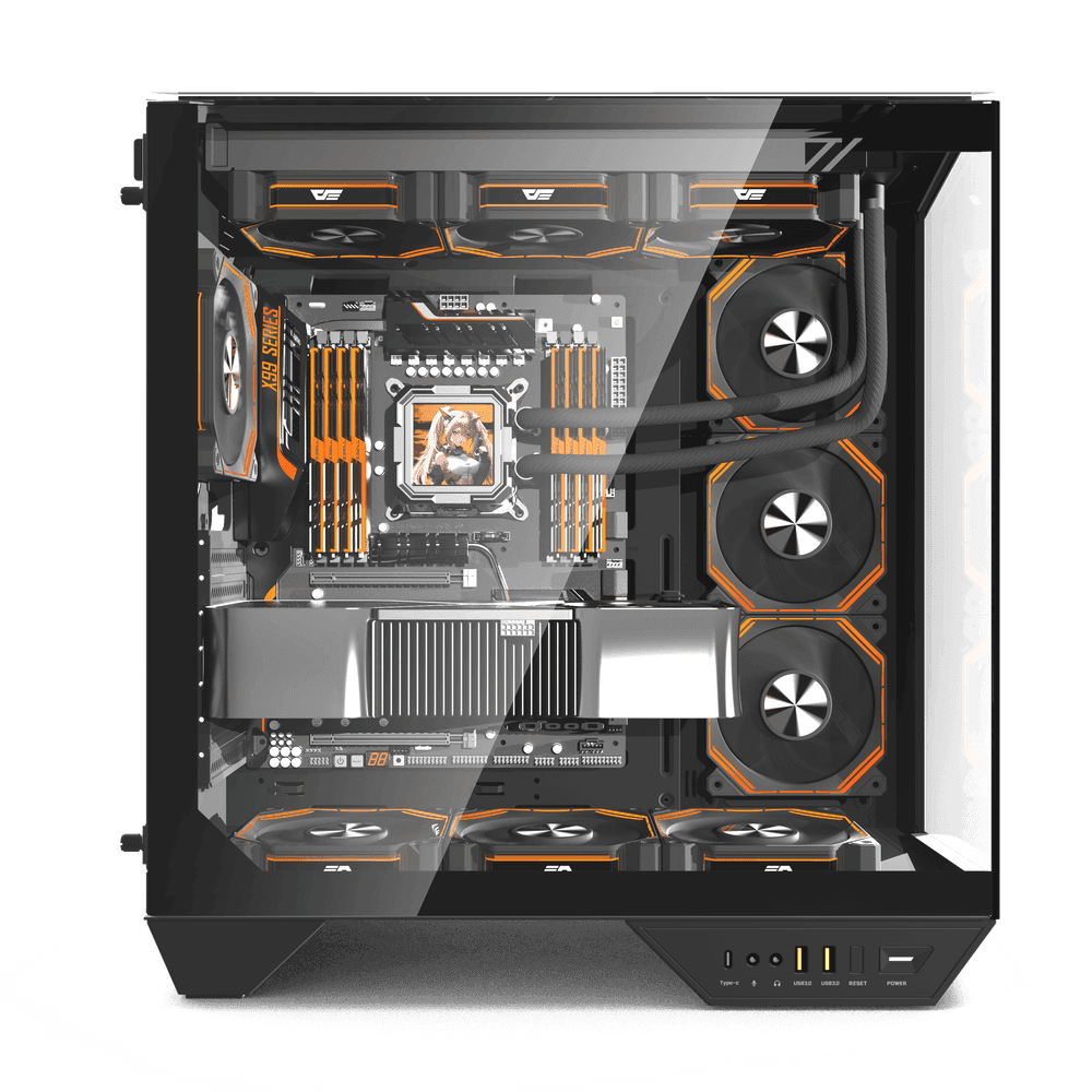Darkflash Darkflash DY470 ATX/MATX/ITX Triple Glass Black Gaming PC Case with 4x 120MM ARGB Fans & GPU Holder, Triple Glass Design, Supports 360MM Radiators, USB Type-C - product view 2 of 7