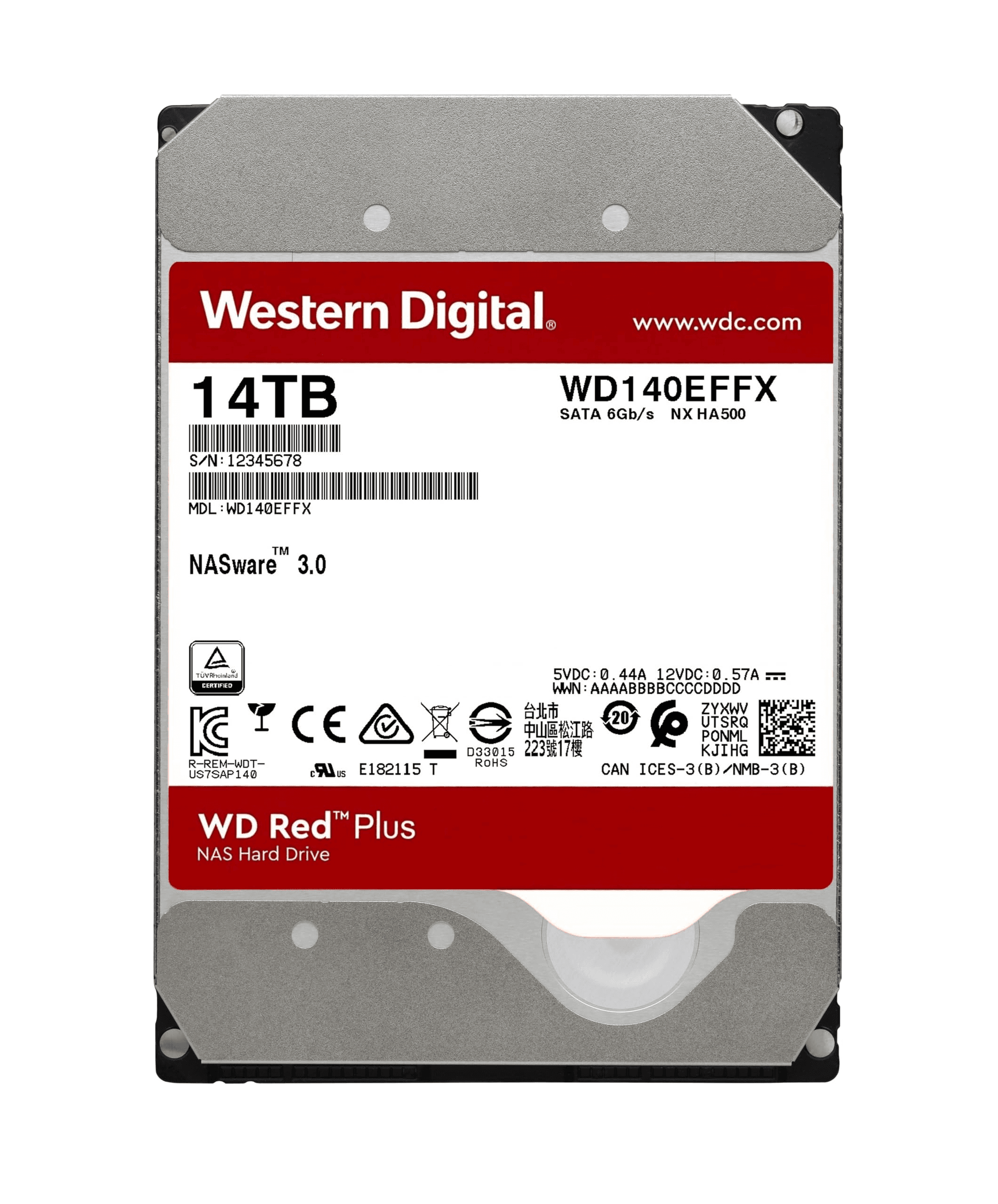 Western Digital Western Digital Red Plus 14TB NAS 3.5 Hard Drive, 5400 RPM, SATA 6Gb/s, WD140EFFX-68VBXN0 | 2W10504 - product view 1 of 1