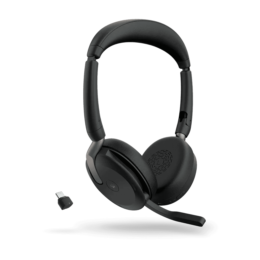 Jabra Evolve2 65 Flex MS Stereo Wireless Headset, USB-C, Bluetooth, Active Noise Cancellation (ANC), Foldable Design, 360° Busylight, Dual Microphones, Black | 26699-999-899 – Buy Online