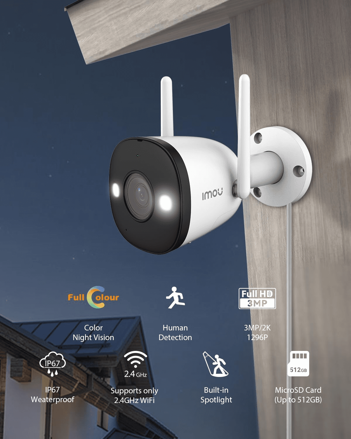 IMOU IMOU IPC-K3DP-3H0WF Bullet 2E 3MP Outdoor Security Camera, Smart Full-Color Night Vision, IP67 Weatherproof, AI Human Detection, Wi-Fi 6 - product view 3 of 6