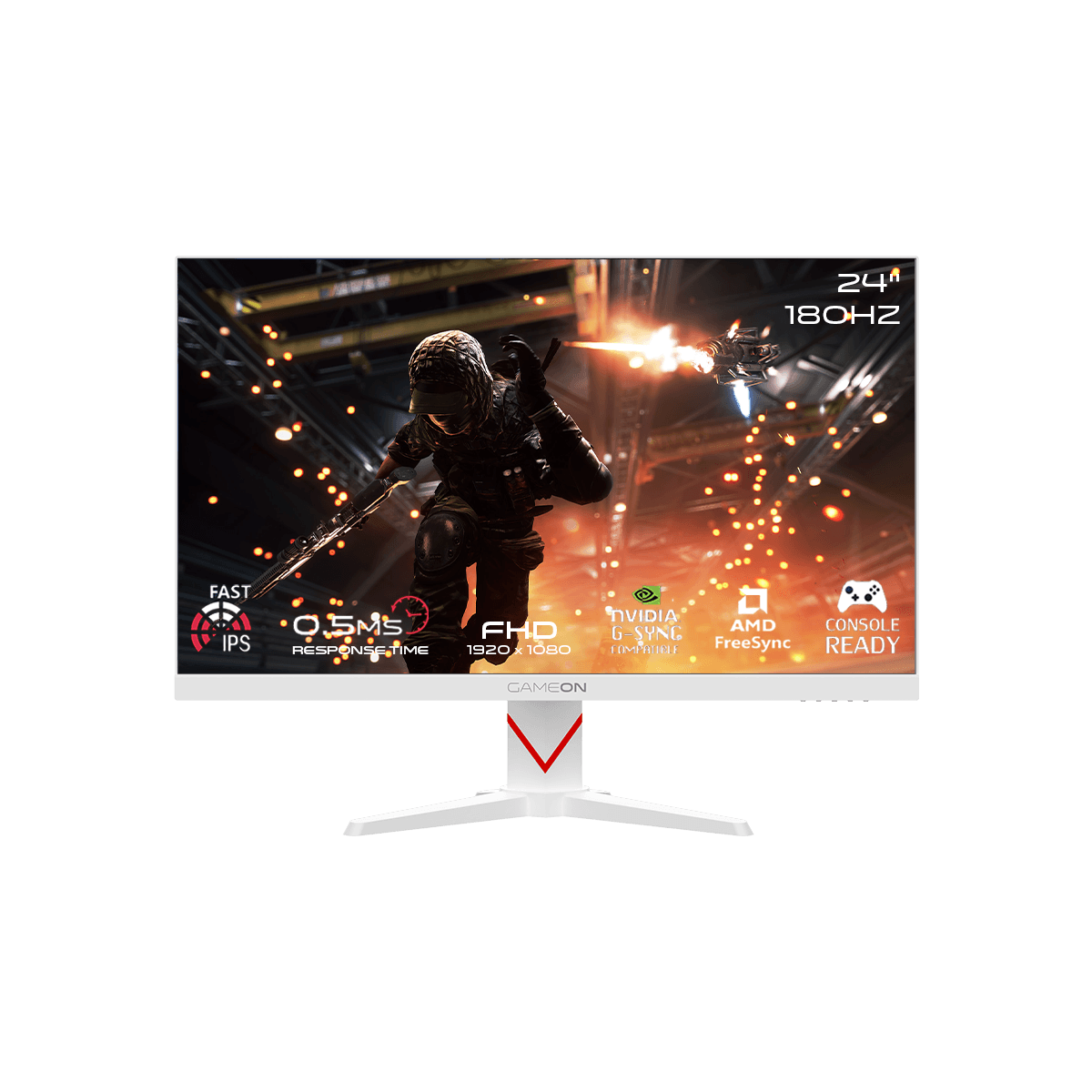 Game On GAMEON GOAM24FHD180IPS Marksman Series 24" FHD White Gaming Monitor, 180Hz, MPRT 0.5ms, HDMI 2.1, Fast IPS  (Supports PS5), Built-in Speakers - product view 1 of 9
