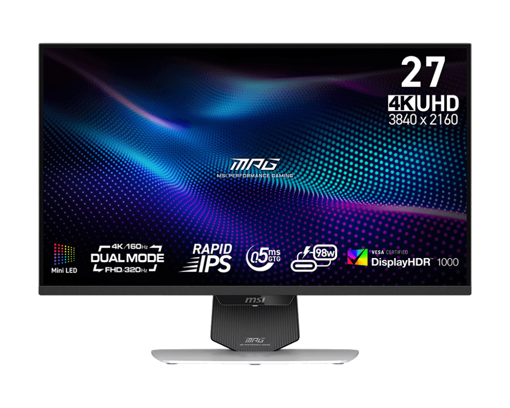 MSI MPG 274URDFW E16M 27 Inch 4K UHD White Gaming Monitor, Rapid IPS Panel 3840 x 2160, 0.5 ms, 4K @ 160Hz and FHD @ 320Hz, DisplayHDR 1000, Mini-LED, Dual-Mode, HDMI 2.1, DP 1.4a, USB C (PD 98W), Adjustable Height/Tilt | 9S6-3CF09H-020