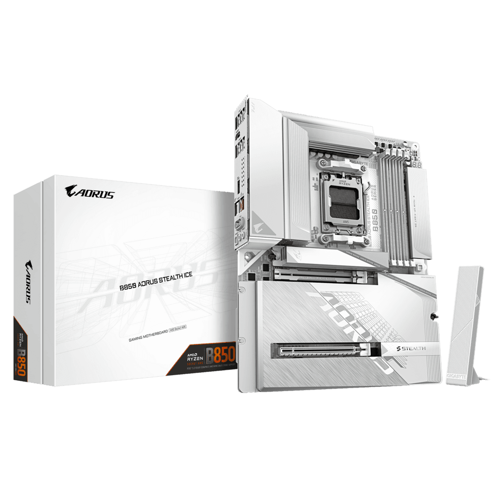 Gigabyte B850 AORUS STEALTH ICE AM5 White Motherboard, 4 x DDR5 DIMM upto 8200(O.C), X3D Turbo Mode, 5GbE LAN, Wi-Fi 7, BT 5.4 | B850 A STEALTH ICE – Buy Online