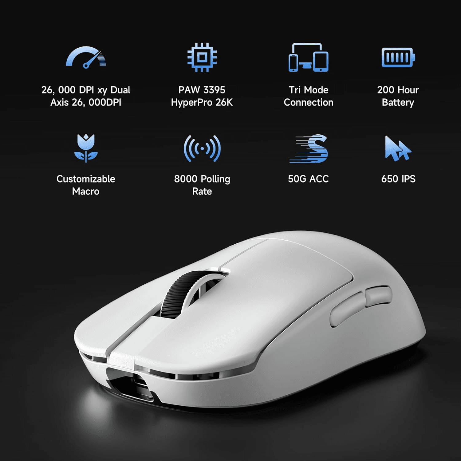 MCHOSE MCHOSE L7 Pro+ Ultra-Lightweight Wireless Gaming Mouse, 8K Polling Rate, 26K DPI PAW3395 Sensor, & Magnetic Charging Dock, White | MC-L7-12 - product view 2 of 6