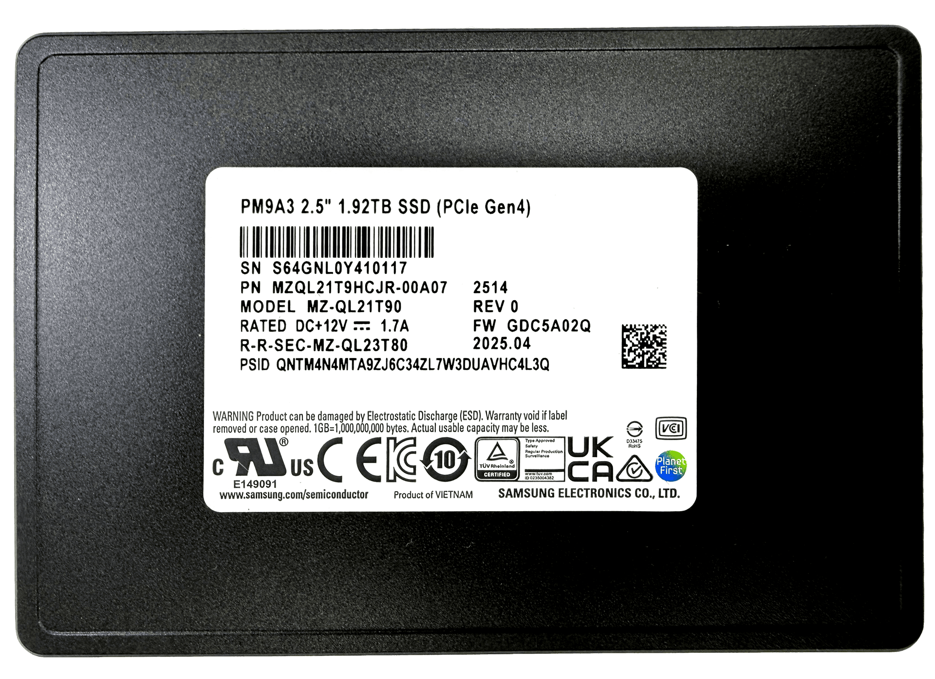 Samsung PM9A3 1.92TB NVMe Data Center SSD, PCIe Gen4 x4, 2.5" 7mm, 6800 MB/s Read, OEM Tray Version | MZQL21T9HCJR-00A07 – Buy Online