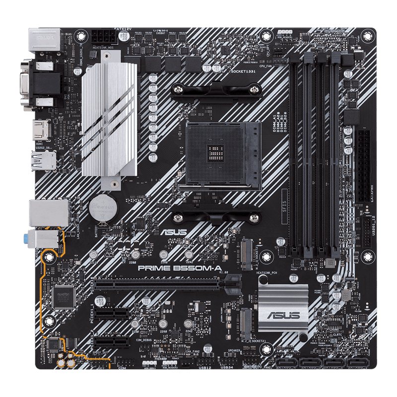 Asus ASUS PRIME B550M-A AMD B550 (Ryzen AM4) micro ATX Motherboard, with dual M.2, PCIe 4.0, 1 Gb Ethernet, HDMI/D-Sub/DVI, SATA 6 Gbps, USB 3.2 Gen 2 Type-A, and Aura Sync RGB headers support |  90MB14I0-M0EAY0 - product view 3 of 7
