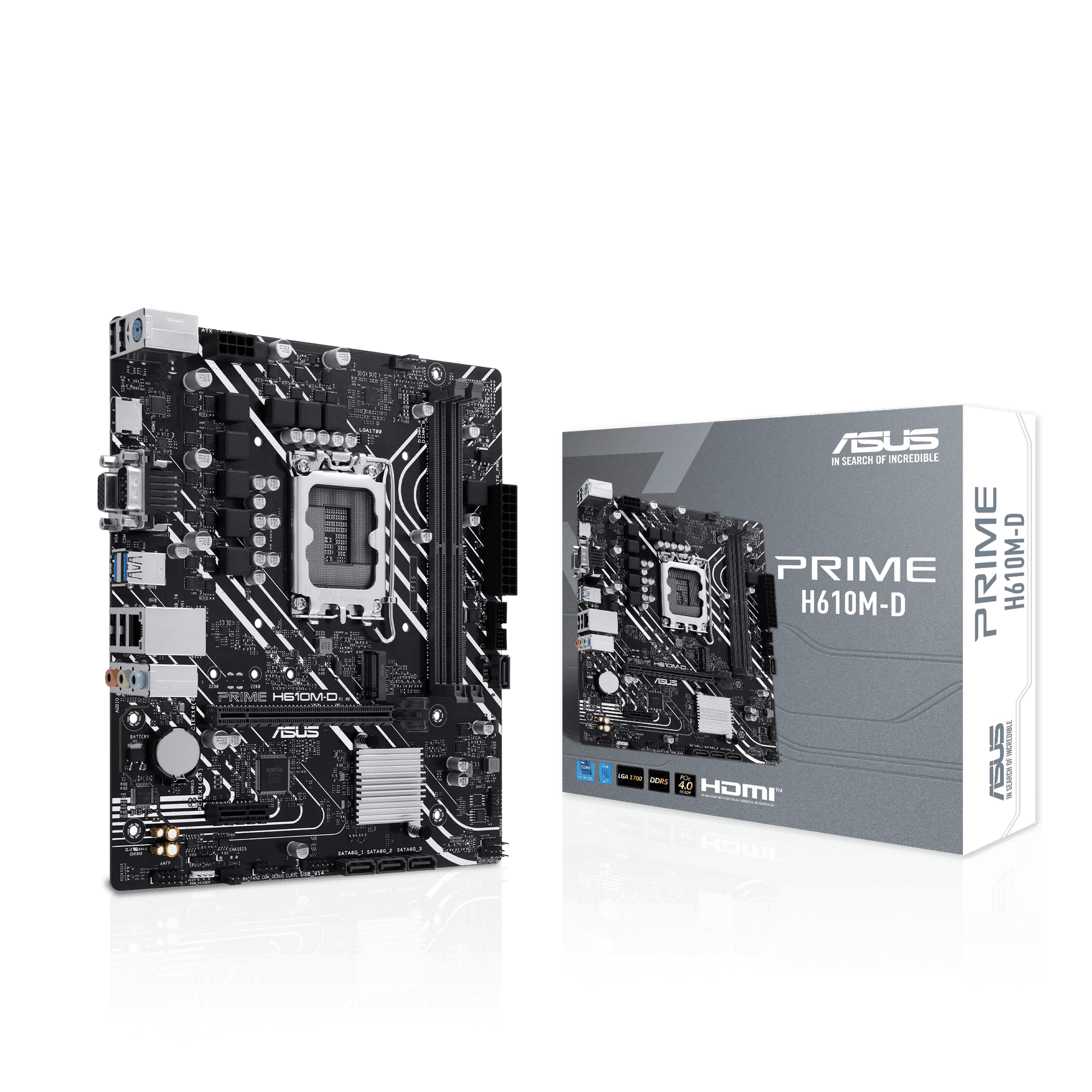 ASUS PRIME H610M-D Intel (LGA 1700) micro-ATX Motherboard, DDR5, PCIe 4.0, M.2 slot, Realtek 1 Gb Ethernet, HDMI, VGA, USB 3.2 Gen 1, SATA 6 Gbps, COM port, RGB header | 90MB1G80-M0EAY0 – Buy Online