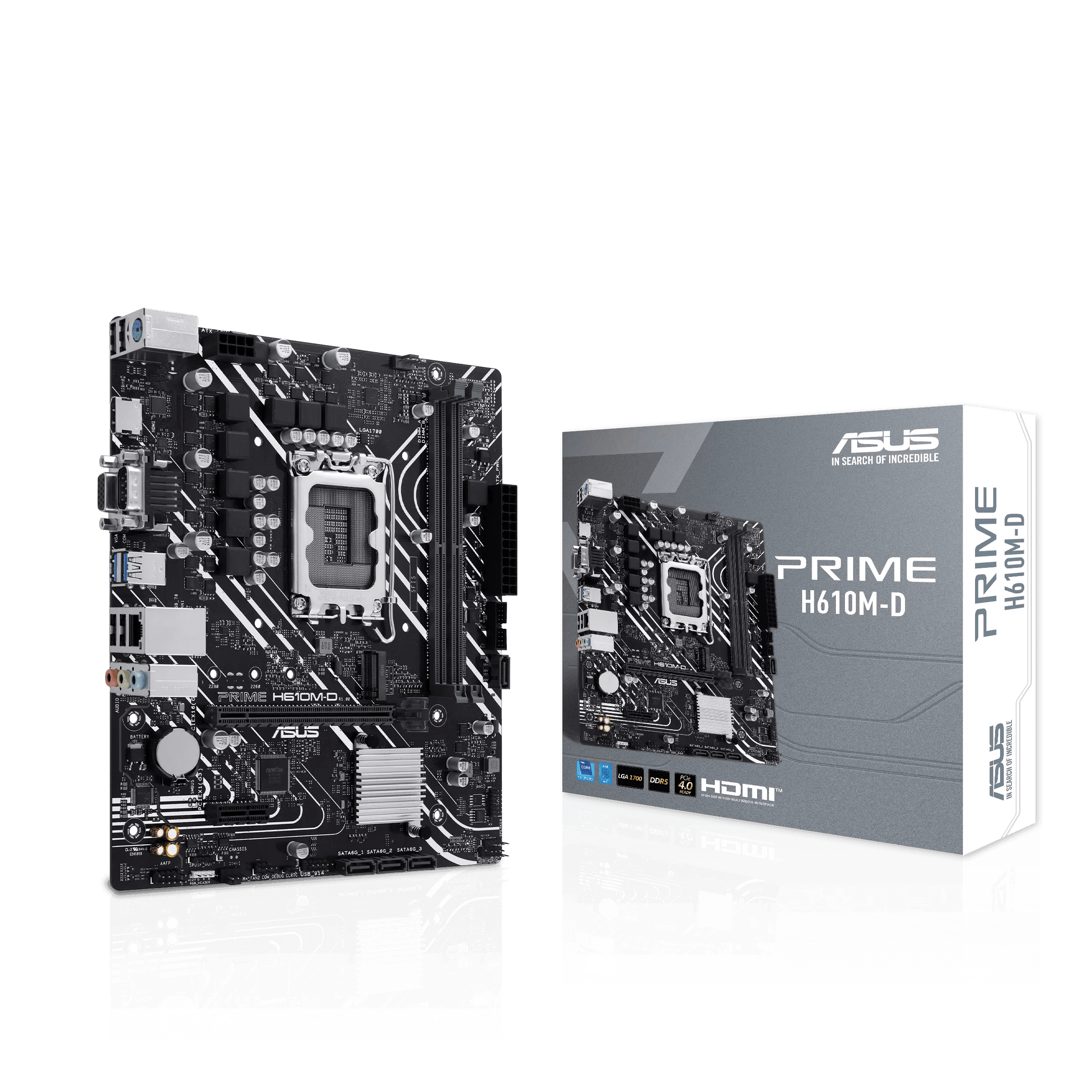 ASUS PRIME H610M-D Intel (LGA 1700) micro-ATX Motherboard, DDR5, PCIe 4.0, M.2 slot, Realtek 1 Gb Ethernet, HDMI, VGA, USB 3.2 Gen 1, SATA 6 Gbps, COM port, RGB header | 90MB1G80-M0EAY0