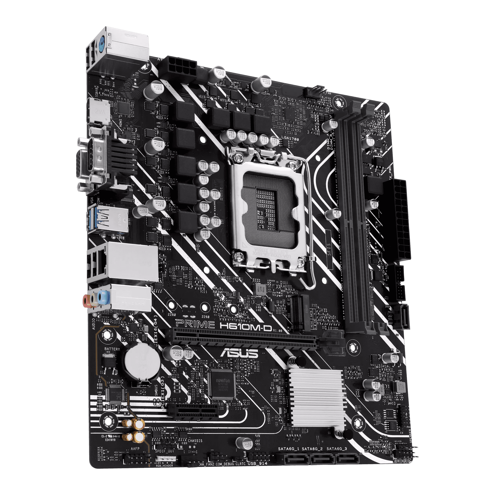 Asus ASUS PRIME H610M-D Intel (LGA 1700) micro-ATX Motherboard, DDR5, PCIe 4.0, M.2 slot, Realtek 1 Gb Ethernet, HDMI, VGA, USB 3.2 Gen 1, SATA 6 Gbps, COM port, RGB header | 90MB1G80-M0EAY0 - product view 2 of 6