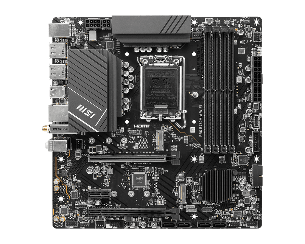 MSI MSI PRO B760M-A WIFI DDR5 LGA 1700 mATX Motherboard, 4x DDR5 6800+MHz (OC). 2.5G Network, Wi-Fi 6E, BT | 911-7D99-007 - product view 2 of 5