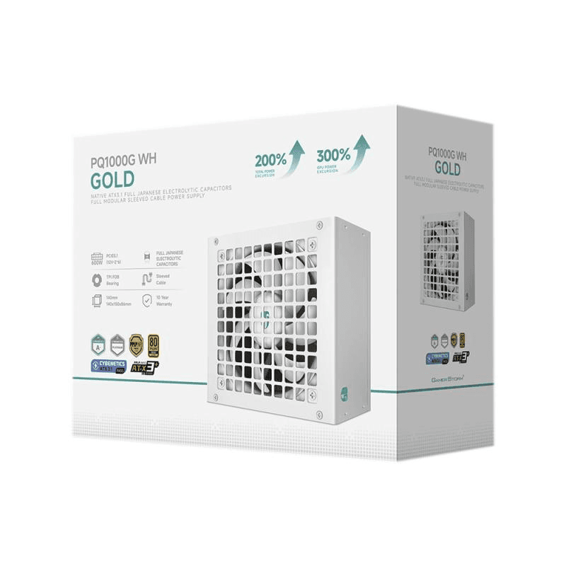 DEEPCOOL DeepCool Gamerstorm PQ1000G 1000W ATX 3.1 Fully Modular PSU (White), PCIe 5.1 12V-2x6, 80 PLUS Gold, FDB (Fluid Dynamic Bearing) | R-PQA00G-FD1W-JGUK-V1 - product view 2 of 4