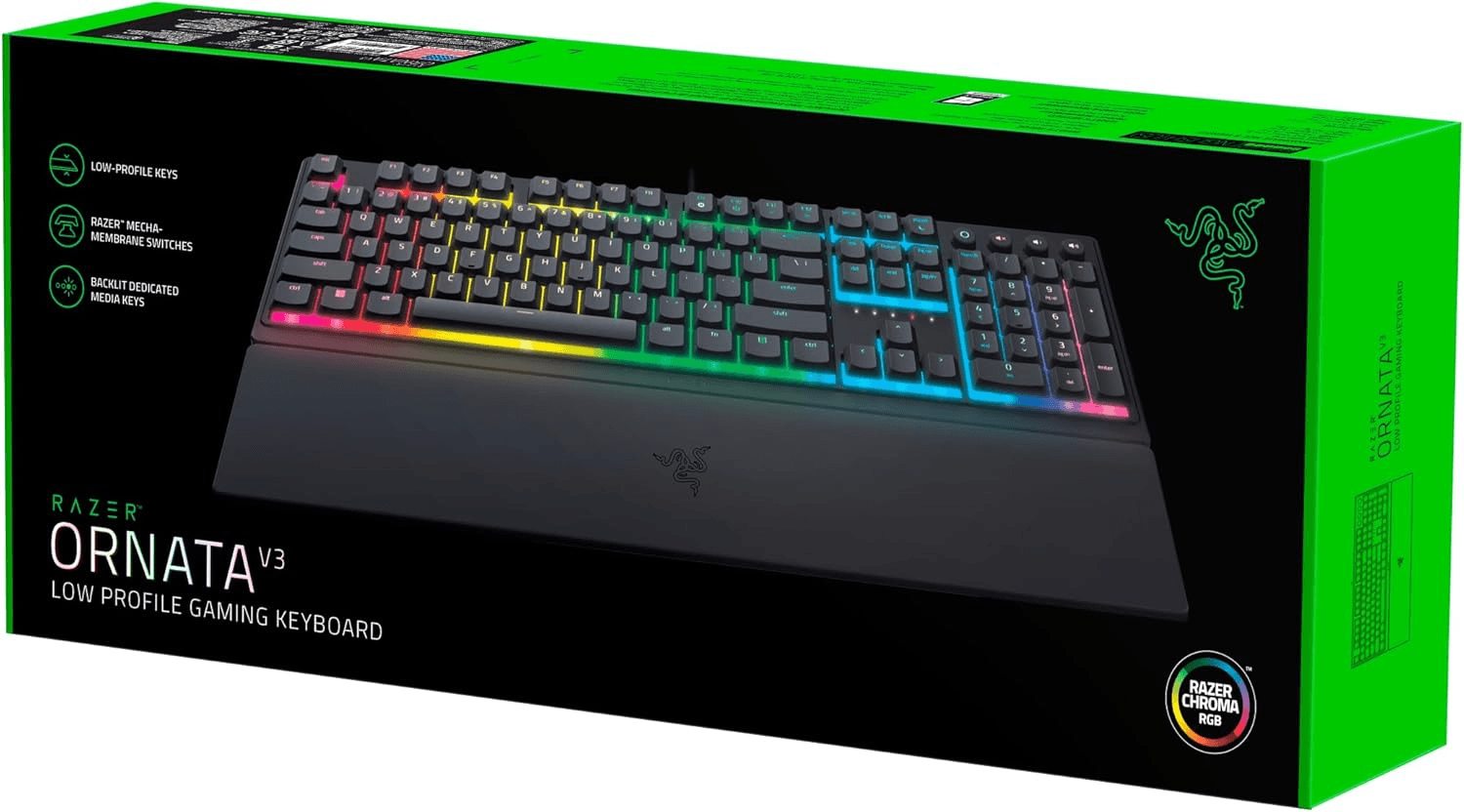RAZER Razer Ornata V3 Low Profile Mecha-Membrane Wired Keyboard, UV Coated Keycaps, 10 RGB Lighting Zones, 1000 Hz Ultrapolling, Wrist Rest, Clicky Keystrokes, US English Layout, Black | RZ03-04460100-R3M1 - product view 3 of 9